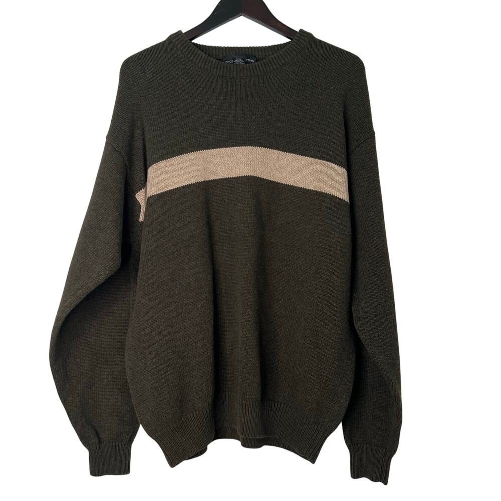 Croft & Barrow Cotton Knit Sweater XLT Olive Green Beige Stripe Crewneck‎